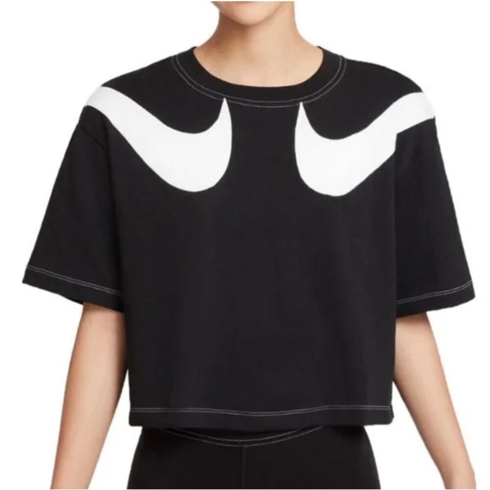 Nike Double Swoosh Logo Short Sleeve Cropped T-Shirt Black White Womens Size 2X